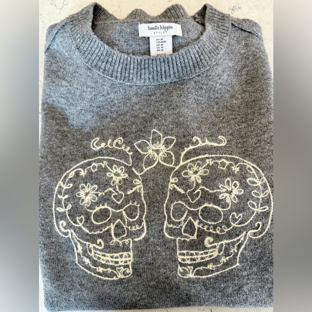 Haute Hippie Gray Sweater with Embroidered Sugar Skull Design